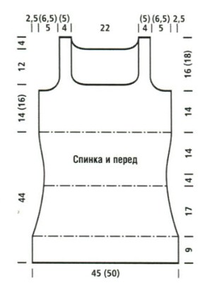 Вязание спицами. Выкройка вязанной спицами женской майки-туники. Размеры: 40, 46
