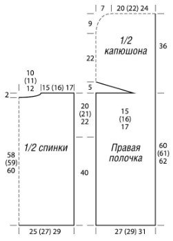 Вязание спицами. Выкройка женского жилета с цельновязанным капюшоном. Размер: 38/40 (42/44) 46/48