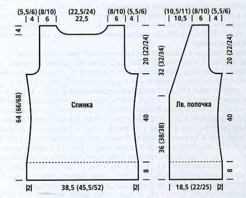 Вязание спицами. Выкройка удлиненного жилета с V-вырезом. Размер 46 (54; 62) 