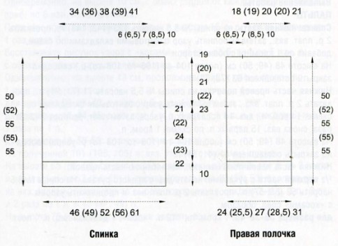 Вязание спицами. Выкройка женского жилета. Размер: 34-36 (38-40; 42-44; 46-48; 50-52)